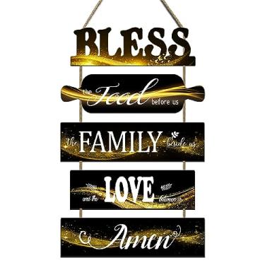 Imagem de Jacriah Bless the Food Before Us para decoração de parede de placas de cozinha, decorações de sala de jantar rústicas em ouro preto, placas decorativas de madeira verticais, arte de parede inspiradora