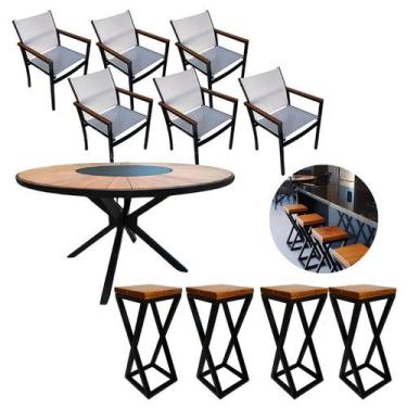 Imagem de Kit Mesa Jantar 1,50m Zurick Madeira 6 Cadeiras Tela Sling 4 Banquetas