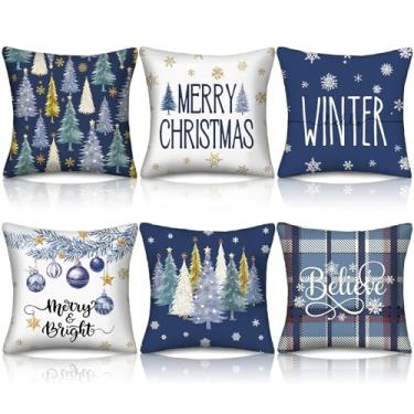 Imagem de HunnmingRe 6 conjuntos de capas de almofada de inverno em aquarela de Natal 45,7 x 45,7 cm para decoração sazonal decorativa ao ar livre para sofá, varanda, casa de fazenda (azul)