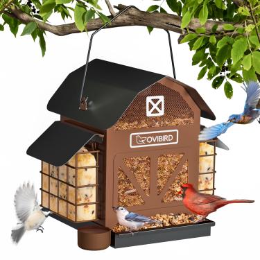 Imagem de Alimentador de pássaros para pendurar ao ar livre, alimentador de pássaros grande de 2,3 kg com 2 gaiolas de sebo, alimentador de pássaros de metal vermelho para uso externo, alimentador cardeal