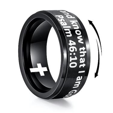 Imagem de Anel de cruz de versículo da Bíblia para homens: Anel Fidget Spinner de Verso Bíblico com Gravação Preta para Ansiedade, Aliança de Casamento de Aço Inoxidável para Homens Meninos Marido Pai Filho, Presente Religioso Cristão para Ele, Metal, Sem pedra preciosa