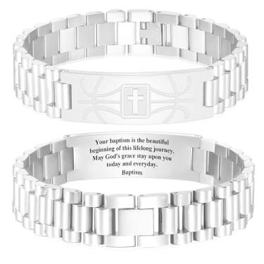 Imagem de KLIFOWDY Pulseiras de basquete de aço inoxidável para homens, pulseiras cruzadas gravadas em versículo bíblico masculino pulseira masculina joias cristãs presentes, First Communion, Sem Pedra Preciosa