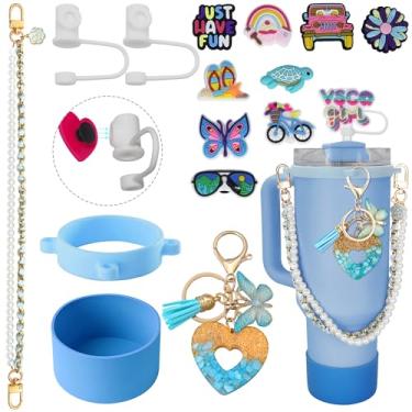 Imagem de DiamondArtZone Conjunto de acessórios de copo para copo Stanley de 850 g e 1,134 g, cordão de alça à prova de queda de garrafa de água, pingentes de bota Stanley Bow Straw Cover Topper, presente para