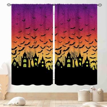 Imagem de Cortinas de Halloween para decoração de casa, teia de aranha, morcego, fantasma, crânio, terror, laranja, roxo, blecaute, cortina de janela decorativa para quarto, sala de estar, cozinha, banheiro