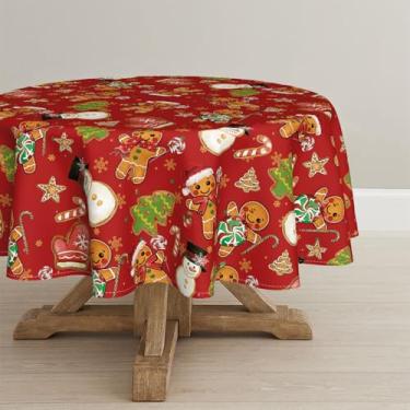 Imagem de Horaldaily Toalha de mesa redonda de Natal 177 × 177 cm, luva masculina de gengibre, árvores, boneco de neve, vermelha, lavável para decoração de festa, piquenique, jantar
