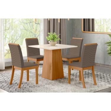 Imagem de Sala de Jantar Completa Dora Tampo Madeirado 90cm e 4 Cadeiras Isa Nature/Suede Light Bege - Henn