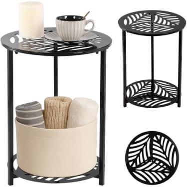 Imagem de Party Zealot Mesas laterais externas de metal de 2 andares, pequena, preta, para pátio, suporte de canto de jardim com detalhes redondos, para pequenos espaços, mesa de centro resistente ao clima para