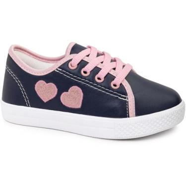 Imagem de Tênis Infantil Feminino Casual com Corações, Menina Garota, Escola School, Rosa Pink e Rosa Claro, Cadarço, Leve Macia Confortável (135-Azul Marinho-31)
