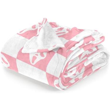 Imagem de Cobertor de rosto assustador de Halloween, padrão xadrez rosa e branco, cobertores fantasmas de Halloween, presentes difusos para sofá, sofá, quarto (127 x 101 cm)