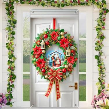 Imagem de BlissYard Capa de porta de Natal para presépio de inverno, guirlanda de presépio decoração de porta de Natal religiosa, exibição de boas-vindas festiva para porta da frente 180 x 89 cm