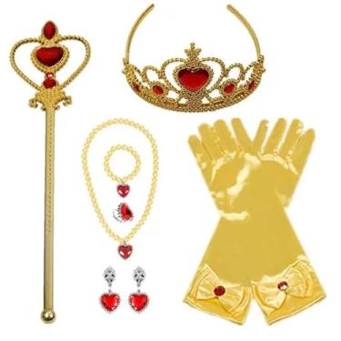 Imagem de Kit Acessórios Princesa Brinco Colar Luva Coroa Anel Varinha (La Belle - Branca de Neve)