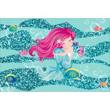 Imagem de Painel de Tecido Sublimado Sereia Amiga dos Peixes Fundo do Mar Bolhas