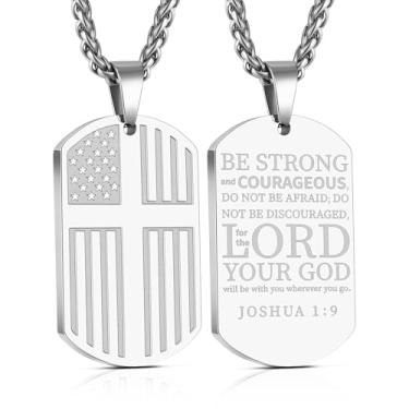 Imagem de Yanxyad Cruz etiqueta de cão bandeira americana versículo bíblia colar de aço inoxidável corrente pingente militar joias religiosas presentes para homens adolescentes 55 + 5 centímetros, Medium, Aço