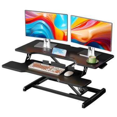 Imagem de JYLH JOYSEEKER Conversor de mesa de 89 cm, suporte de mesa ajustável em altura com bandeja de teclado para dois monitores, estação de trabalho de computador sentado para ficar em pé para escritório em
