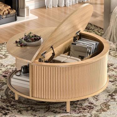 Imagem de Mesa de centro redonda, mesa central canelada de 80 cm com armazenamento, mesa de centro elevatória com almofadas ajustáveis, porta deslizante, mesa central moderna de meados do século para sala de
