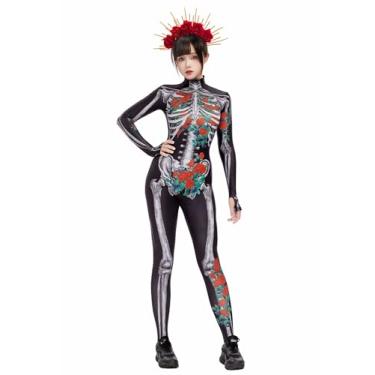 Imagem de haikyuu Fantasia feminina de esqueleto rosa cosplay Dia dos Mortos fantasia de Halloween crânio traje de gato gótico ósseo (preto, grande)