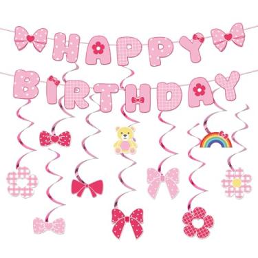 Imagem de Faixa Feliz Aniversário com Desenho Animado, Decoração de Feliz Aniversário com Laço Rosa e 10 Redemoinhos Pendurados Rosa Adequados para Chás Bebê e Decorações Festas Meninas
