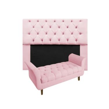 Imagem de Cabeceira Mirage + Recamier Grécia Com Capitonê Casal 140 cm Suede Rosa Bebe - LM DECOR