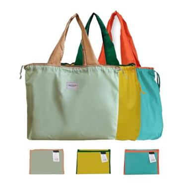 Imagem de MVSCOCEAN Sacolas de compras reutilizáveis, sacolas de compras coloridas, lavável na máquina, dobrável, durável, leve, conjunto de 3 (verde menta, amarelo, azul lago)