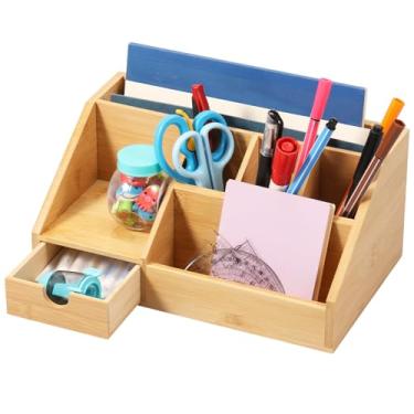 Imagem de Organizador de mesa, organizador de mesa multiuso arrumado e porta-canetas, gaveta e compartimento de armazenamento, prateleira de livros, organizador de arquivos de mesa e armazenamento para escola