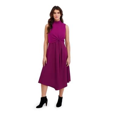 Imagem de London Times Vestido midi feminino sem mangas com gola redonda torcida na frente - Vestidos de convidada de casamento evasê, Poção roxa, P