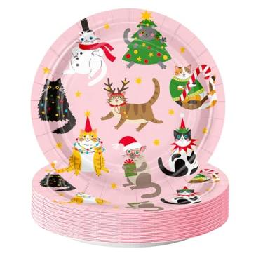 Imagem de WRAPAHOLIC 25 peças de pratos de papel de Natal – Pratos descartáveis de árvore de gatinho de 18 cm pratos decorativos de sobremesa para festa de Natal, utensílios de mesa, decoração de mesa