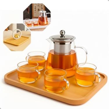 Imagem de Conjunto de Bule de Chá 950ml em Vidro com Infusor de Aço Inoxidável, 4 Xícaras de Vidro Borossilicato, Bandeja de Bambu Retangular 28x18x1,3cm, para Servir Chá