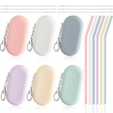 Imagem de Meanplan Conjunto de 6 canudos essenciais para navio de cruzeiro, canudos de silicone com estojo, reutilizáveis, dobráveis e portáteis para festas, viagens frias ou quentes, com estojo de transporte e