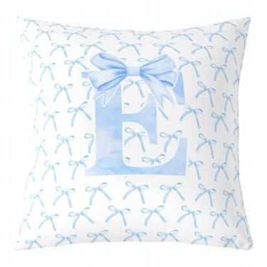 Imagem de Capa de almofada infantil com laço de desenho animado, gravata borboleta azul letra E nó princesa dupla face fronha meninas mulheres, aquarela laço patchwork azul branco cama sofá capa de almofada