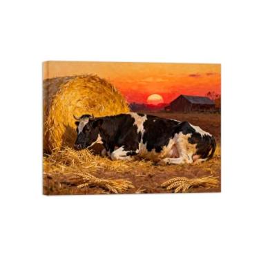 Imagem de Quadro parede outono-sol campo trigo vaca Impressões em tela paisagens-Pintura animais para decoração sala estar 60x80cm Tela Embrulhada