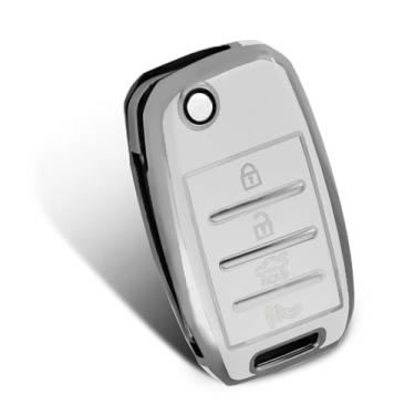 Imagem de WORCAS Capa de chaveiro prata 4 botões premium TPU macio compatível com KIA Sorento Sportage Rio Soul Forte Optima Carens Picanto (prata-branco)