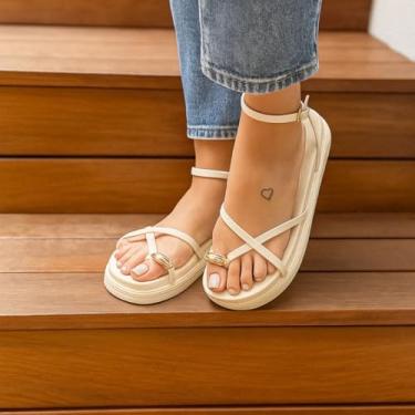 Imagem de Sandalia Papete Feminina Flatform Tira Enfeite Metalizado Dourado Lesma Dedo Confortável Macia (Off White, BR, Adulto, Numérico, 34)