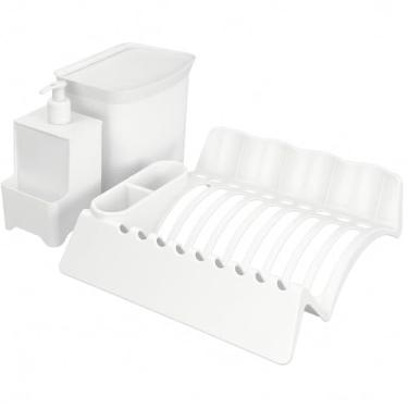 Imagem de Kit Organizadores para Pia 3 Peças, Escorredor de Pratos Talheres, Dispenser 650ml, Lixeira 2,5L, P/Cozinha Bancada, Louça, Utensílio (Branco)