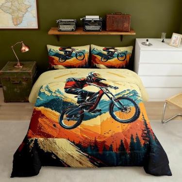 Imagem de Conjunto de edredom infantil para meninos e homens, bicicleta de montanha, tamanho casal, off-road, retrô, 3D, ciclista, montanha, 3 peças, conjunto de colcha para amantes de bicicleta com 2 fronhas