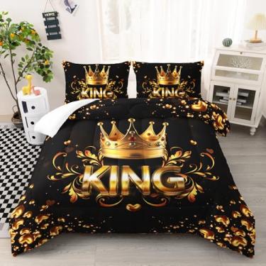 Imagem de AILONEN Conjunto de edredom com estampa de coroa Mr Mrs, tamanho Queen, corações pretos dourados com 2 fronhas, 3 peças de microfibra macia