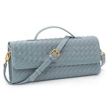 Imagem de Bolsa clutch de tecido feminina alça superior bolsa tiracolo de couro com alça removível, Azul-celeste, Medium
