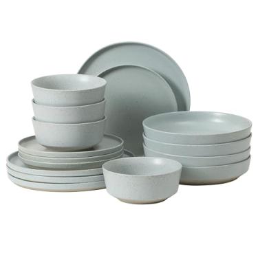 Imagem de Gibson Elite Conjunto de louça Overbrook com 16 peças de cerâmica em grés – Esmalte reativo azul claro, pratos e tigelas empilháveis com tigela de massa, serviço para 4 pessoas – Seguro para