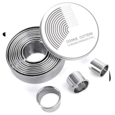 Imagem de Conjunto de 12 peças de cortadores de biscoito redondos, cortadores de pastelaria graduados, cortadores de biscoito de aço inoxidável 18/8 e moldes de anel de cortador de rosquinha