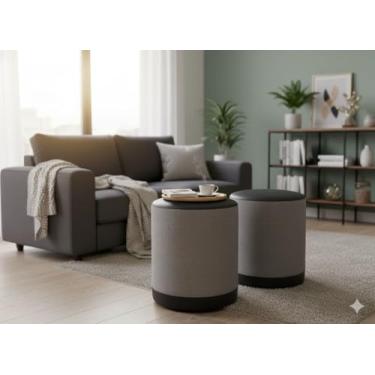 Imagem de Kit 2 Puff Puf Couro E Linho 42x34 Oreon Luxo Decorativo Retro (CINZA COURO PRETO)