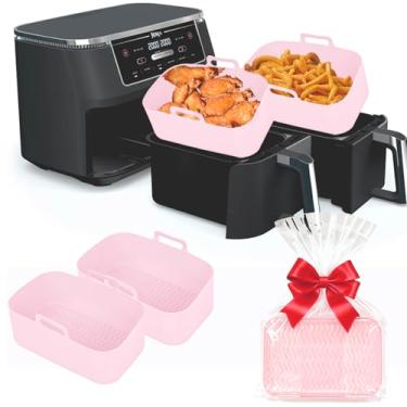 Imagem de Forros de silicone para fritadeira Ninja – Tigela reutilizável de 8 litros para Foodi DZ201 Airfryer de cesta dupla – Pacote com 2 bandejas retangulares de silicone 2025 atualizadas seguras para