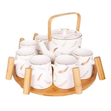 Imagem de Conjunto de chá, chávenas de chá, conjunto de bule de chá, 8 peças, conjunto de chá de porcelana, bule de cerâmica, conjunto de xícaras de café, 6 xícaras, bandeja de servir de bambu, conjunto de