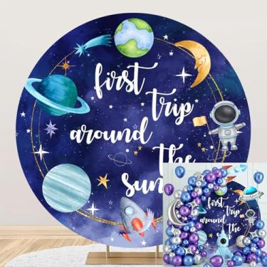 Imagem de Poliéster diâmetro 2 m primeira viagem ao redor do sol pano de fundo redondo para meninos desenho animado espaço sideral planeta astronauta terra foguete fotografia fundo crianças 1º aniversário festa
