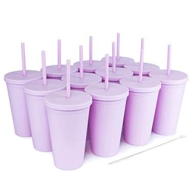 Imagem de Copos com tampas (pacote com 12) Copos de acrílico cor pastel de 473 ml com tampas e canudos | Copos de parede dupla de plástico fosco com limpador de palha incluído! Vinil personalizável DIY (Lilá)