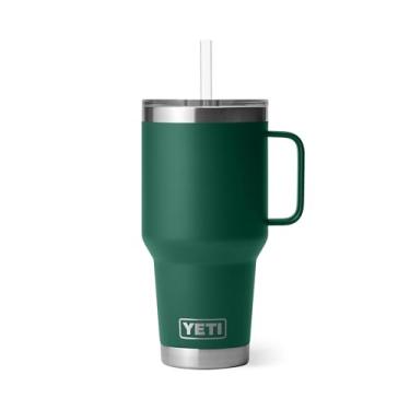 Imagem de YETI Copo Rambler de 1000 ml com alça e tampa de palha, copo de água para caneca de viagem, copo isolado a vácuo com alça, aço inoxidável, verde floresta preta