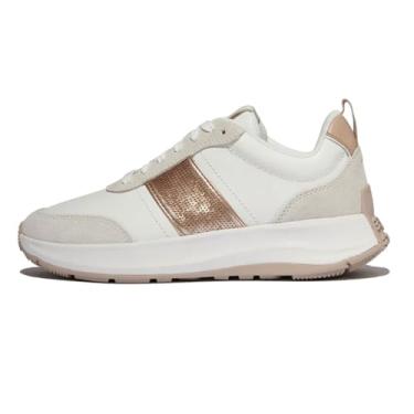 Imagem de FitFlop Tênis feminino F-Mode Flow de camurça/couro com lantejoulas, Branco urbano/bege clássico, 34