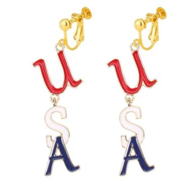 Imagem de Brincos patrióticos de 4 de julho, brincos com clipe de bandeira americana, brincos pendentes do Dia da Independência, não perfurados, joias modernas para mulheres, vermelho, branco, azul, Zinco, Sem
