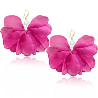 Imagem de unixmoment Brincos femininos com pingente de franja floral de tecido pérola grande boêmio feito à mão, Large, Tecido, Sem pedra preciosa