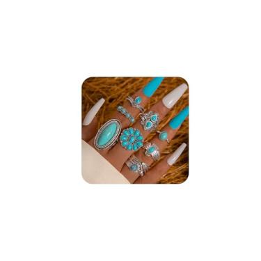 Imagem de BOOZIQ Conjunto de anéis Western Country para mulheres, boêmio, empilhável, turquesa, conjunto de anéis turquesa ocidental, joias de concertos country para mulheres