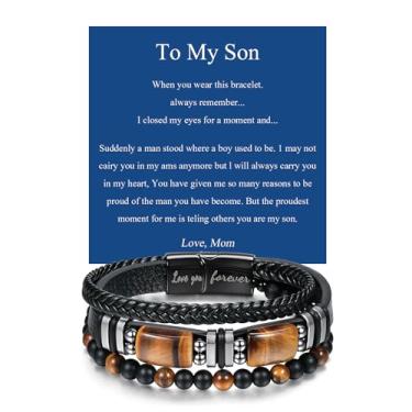Imagem de PHNIBIRD Pulseira masculina de couro com contas de olho de tigre Love You Forever Gravar Ideias de Presente de Aniversário para Namorado Filho Neto Marido Homem, A, Couro, Sem Pedra Preciosa