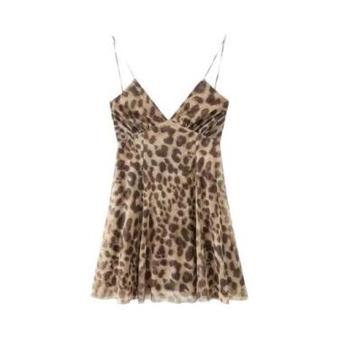 Imagem de Vestido Mini Sem Mangas Com Estampa De Leopardo Para Mulheres, Vintage